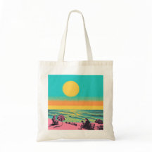 Beach scene tote bag, retro tote bag. 