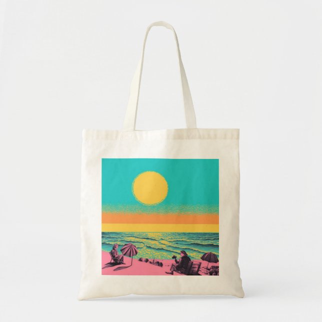 Beach scene tote bag, retro tote bag.  (Front)