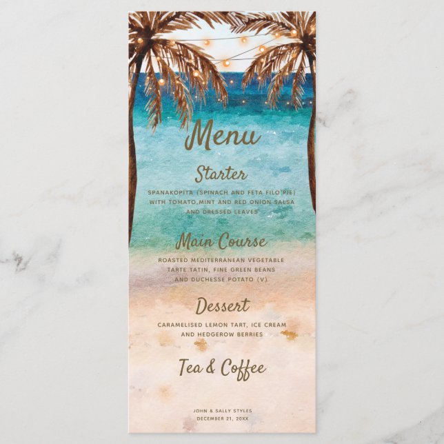 Beach scene tropical wedding party menu (Front)
