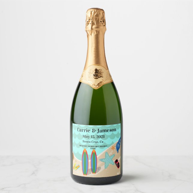 Beach Scene Wedding Sparkling Wine Label (Front)