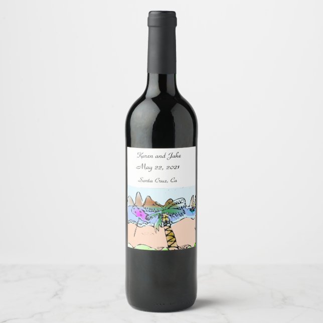 Beach Scene Wedding Wine Label (Front)