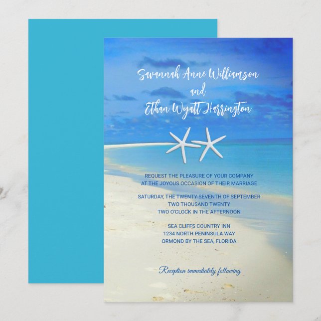 Beach Scene White Starfish Wedding Invitation (Front/Back)
