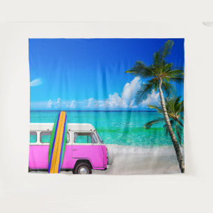 Beach Scene with Fuchsia Pink Van and Surfboard Tapestry