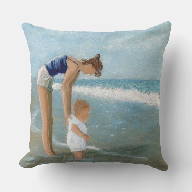 Beach Scene with Mother and Baby Cushion (Front)