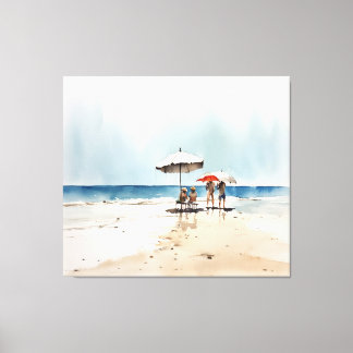 Beach Scene with People and Umbrellas by the Water Canvas Print