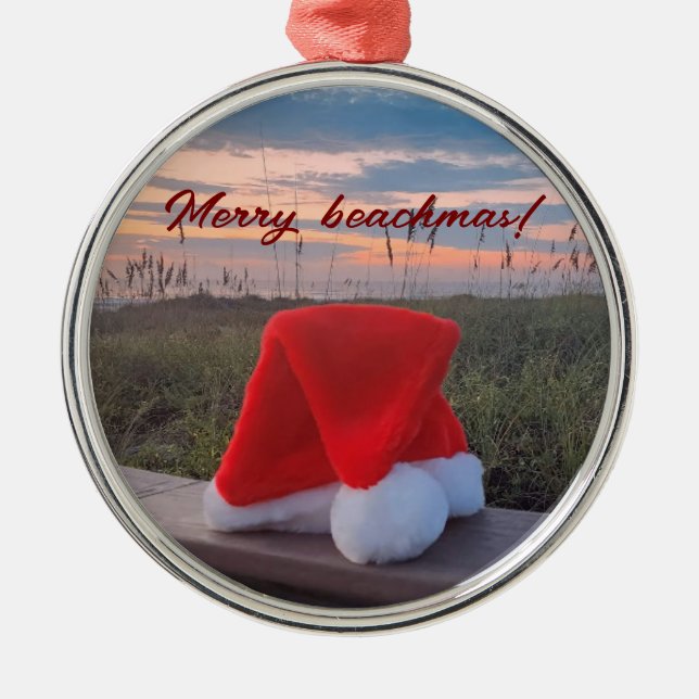 Beach scene with Santa hat and sunrise Ornament (Front)