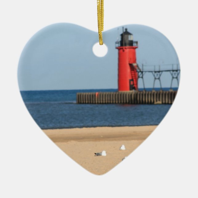 Beach scene with seagulls and lighthouse ceramic tree decoration (Front)