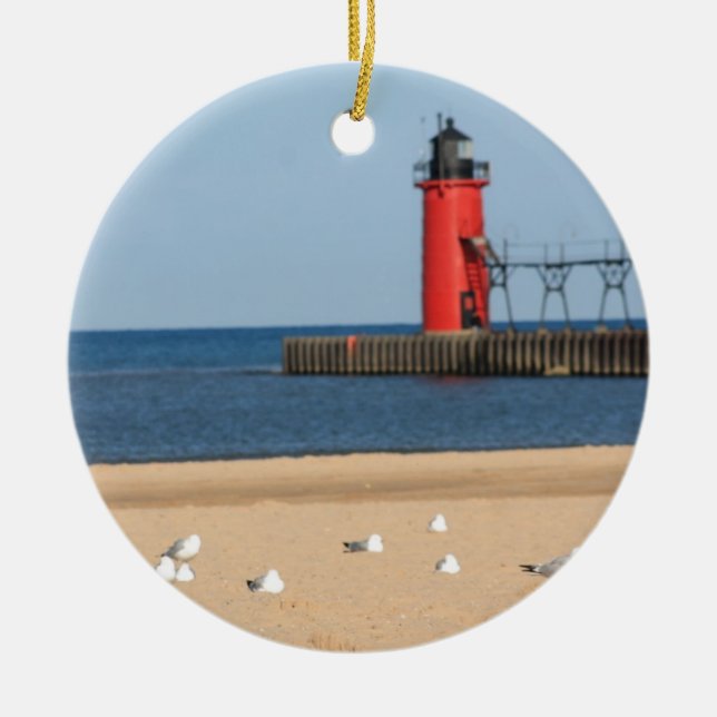 Beach scene with seagulls and lighthouse ceramic tree decoration (Front)