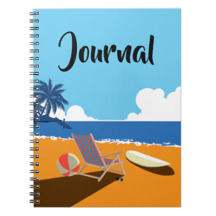 Beach scene with Surfer, chair and bright orange Notebook