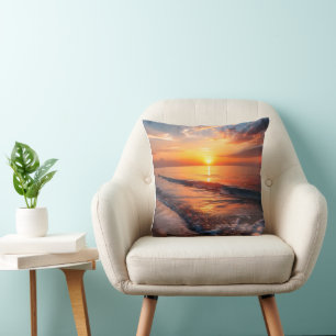 Beach Scene With The Sun Setting Over The Horizon Cushion