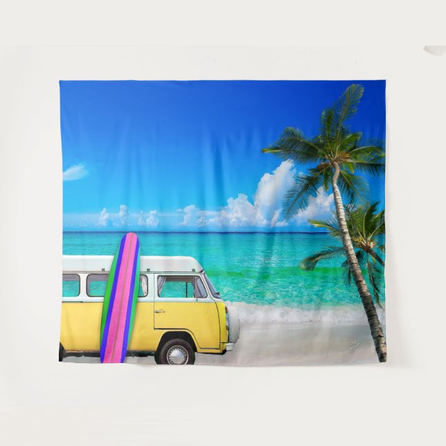 Beach Scene with Yellow Van and Pink Surfboard Tapestry (Front (Horizontal))