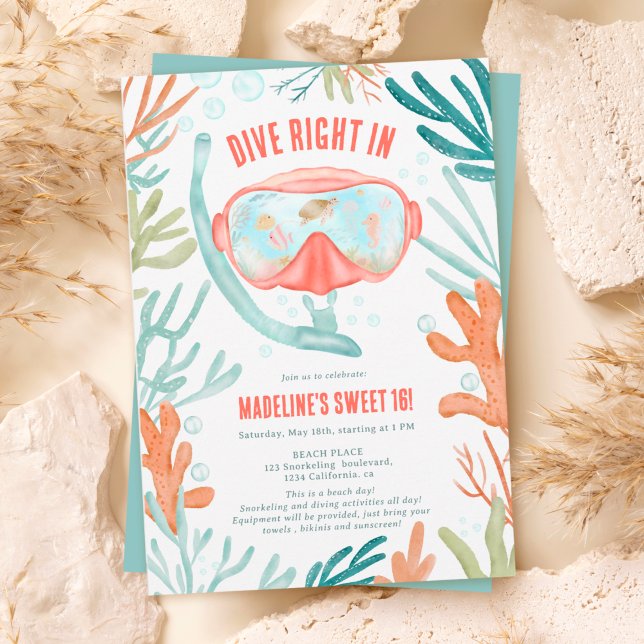 Beach Scuba diving watercolor sea life Sweet 16 Invitation (Beach Scuba diving watercolor sea life Sweet 16 Invitation)