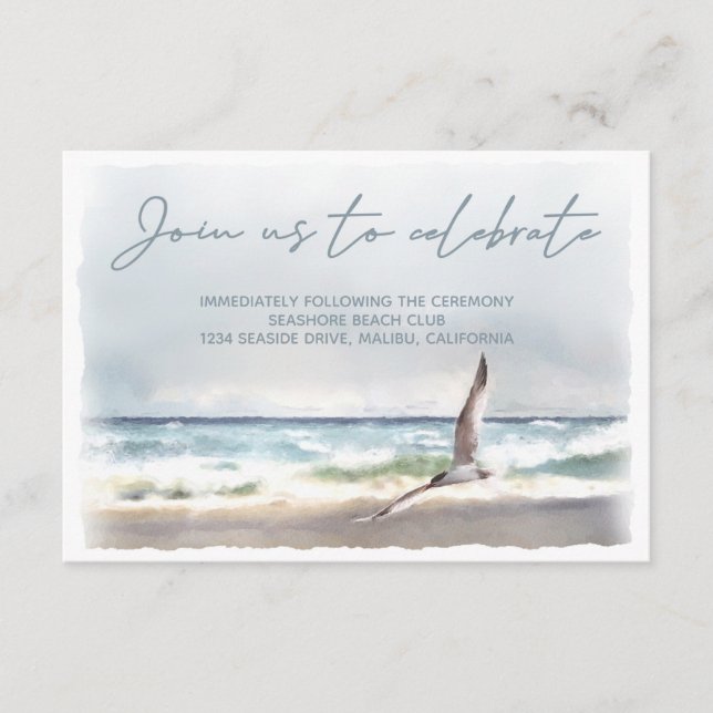 Beach Sea Bird Watercolor Wedding Reception Enclosure Card (Front)