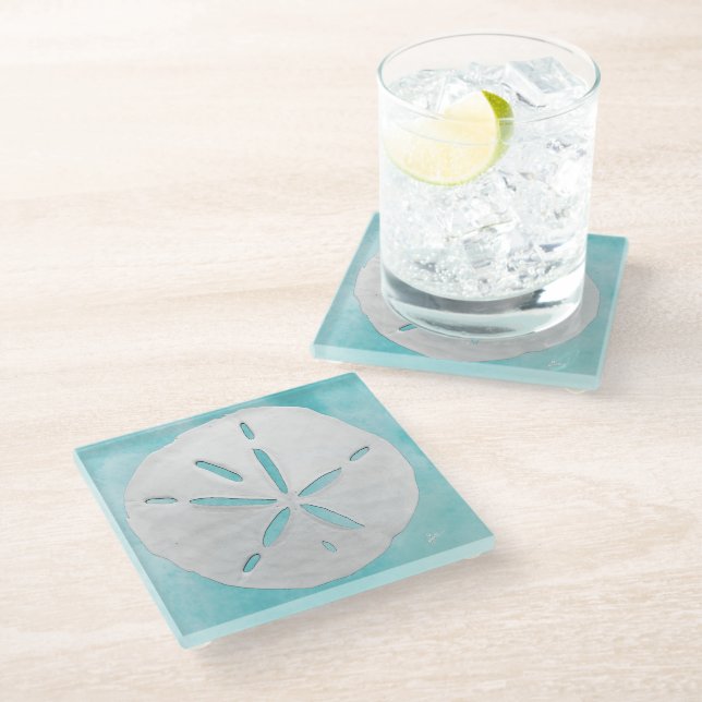 Beach Sea Blue White Sand Dollars Coastal Glass Coaster (Angled)