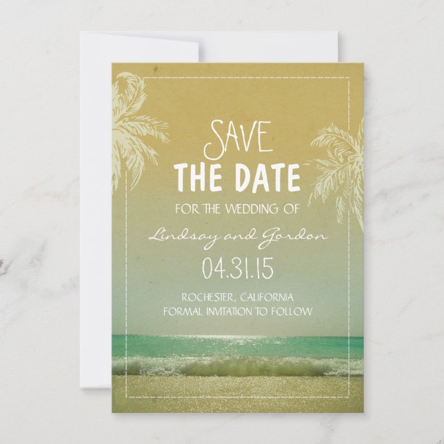 Beach sea & palm trees save the date cards (Front)