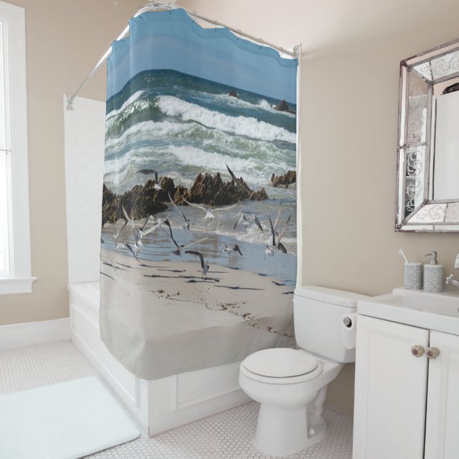Beach Sea Sand Birds Gulls Paradise Landscape Shower Curtain (In Situ)