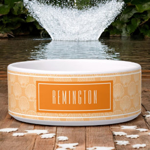Beach Sea Shell Pattern On Orange Custom Pet Name Bowl