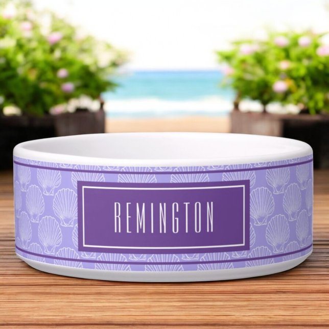 Beach Sea Shell Pattern On Purple Custom Pet Name  Bowl (Dog bowl with white seashell pattern template text)