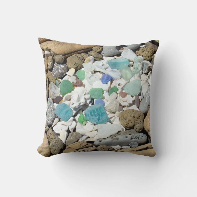 Beach Sea Shells Throw Pillows Sea Glass Fossils (Front)