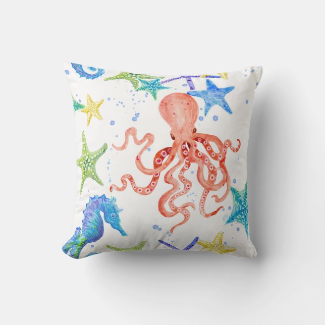 Beach Sea Shore Red Octopus Seahorse Starfish Art Cushion (Front)