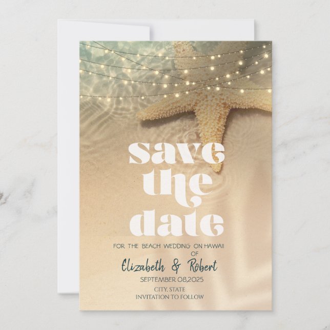  Beach Sea star String Lights Save The Date (Front)