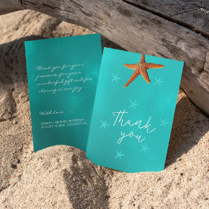 Beach sea starfish wedding thank you script aqua card