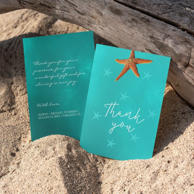 Beach sea starfish wedding thank you script aqua card (Creator Uploaded)