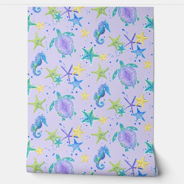 Beach Sea Turtle Lavender Starfish Seahorse Baby Wallpaper (Unrolling)