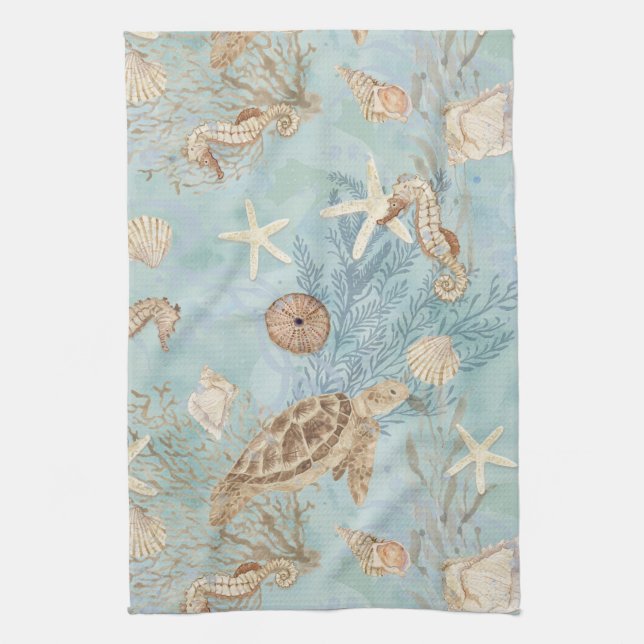 Beach Sea Turtle Ocean Seahorse Shells Starfish Tea Towel (Vertical)