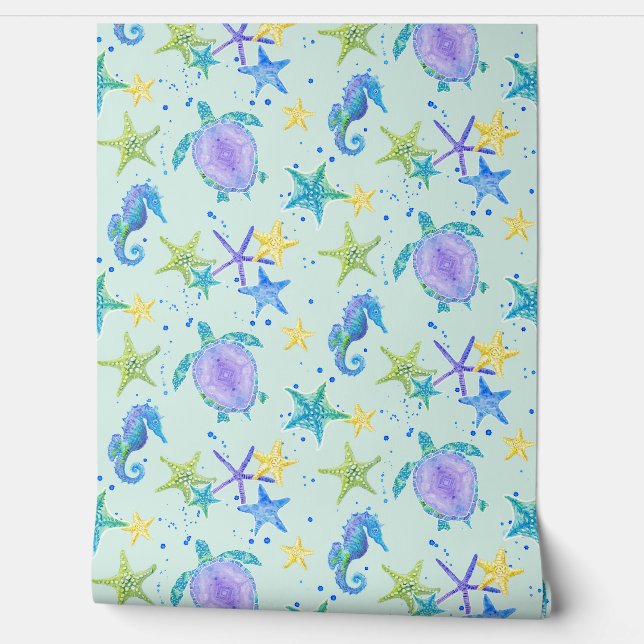 Beach Sea Turtle Seahorse Watercolor Starfish Mint Wallpaper (Unrolling)