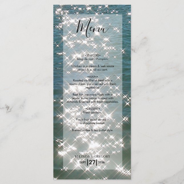 Beach Sea Water Sparkles Wedding Menu (Front)