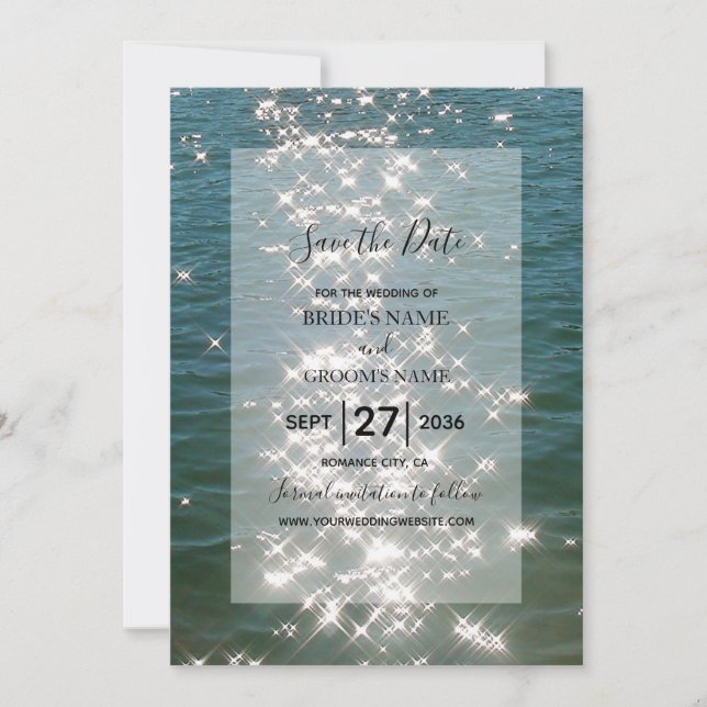 Beach Sea Water Sparkles Wedding Save The Date (Front)