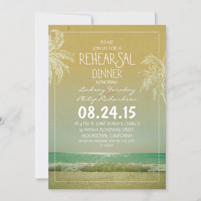 beach sea waves & palms rehearsal dinner invite (Front)