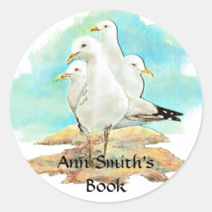 Beach & Seagull Book Plate to Customise Classic Round Sticker