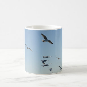 Beach Seagulls Soaring Above Sea Breeze Scenic Coffee Mug