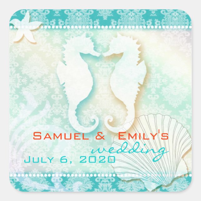 Beach Seahorse Aqua Wedding Save the Date Square Sticker (Front)