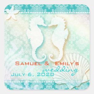Beach Seahorse Aqua Wedding Save the Date Square Sticker