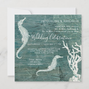 Beach Seahorse Coral Teal Blue White Rustic Wood  Invitation