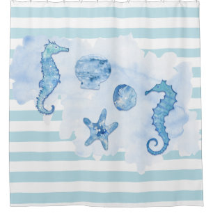 Beach Seahorse Sand Dollar Starfish Blue White  Shower Curtain