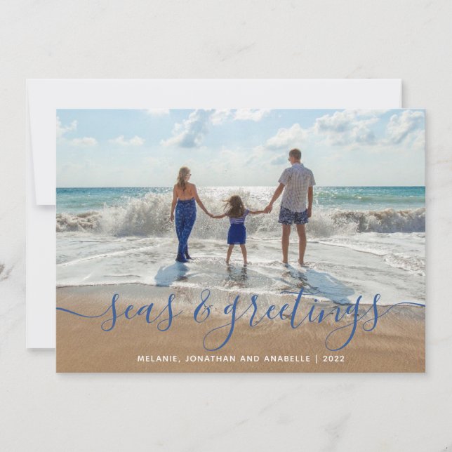 Beach Seas and Greetings Handwritten Script Blue Holiday Card (Front)