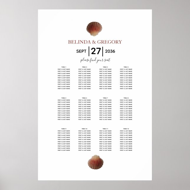 Beach Seashell Clams Wedding Seating Chart (Front)