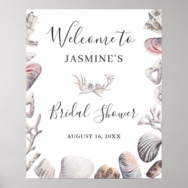 Beach Seashell Coral Bridal Shower Sign (Front)