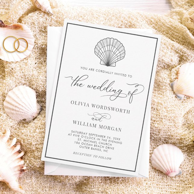 Beach Seashell Elegant Dark Grey Wedding Invitation (Creator Uploaded)
