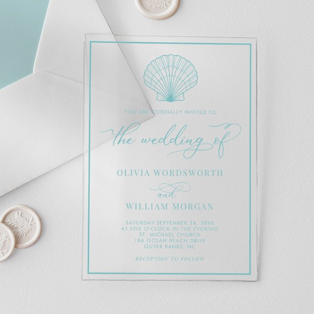 Beach Seashell Elegant Sea Glass Blue Wedding Acrylic Invitations (Creator Uploaded)