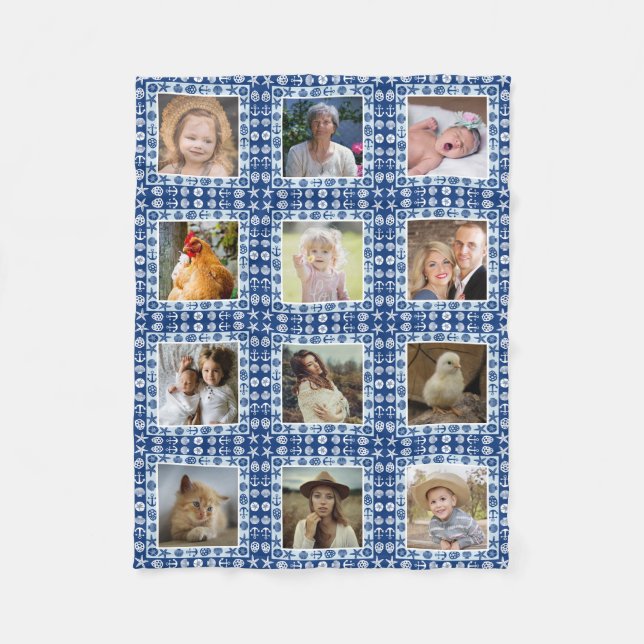 Beach Seashell Faux Quilted Nautical Photo Collage Fleece Blanket (Front)
