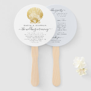 Beach Seashell Gold + Blue Wedding Program Hand Fan