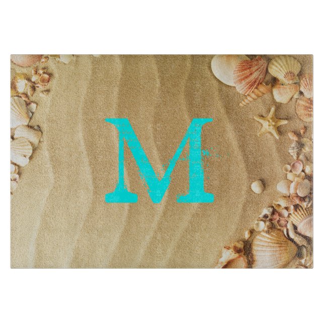 Beach Seashell Hawaii Monogram Glass Cutting Board (Front)