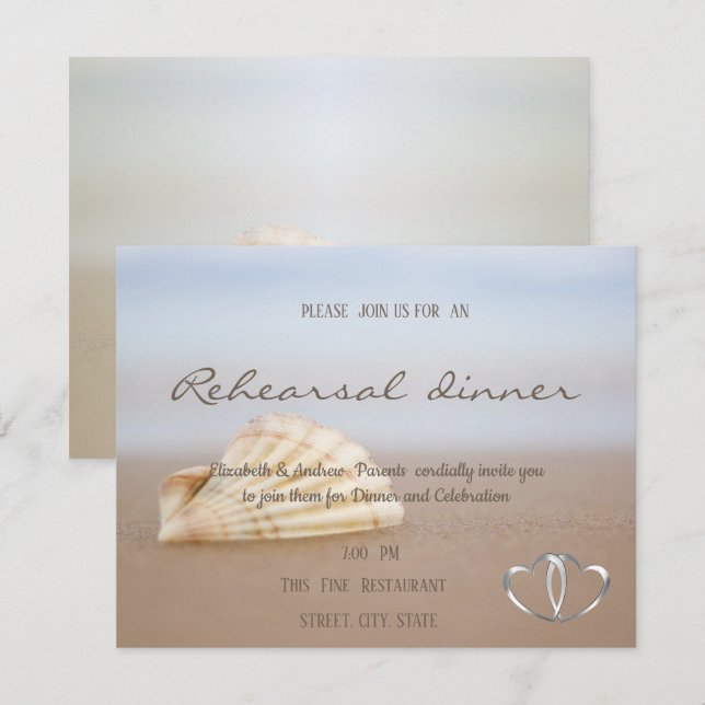 Beach Seashell, Hearts  Rehearsal Dinner Invitation (Front/Back)