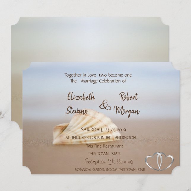 Beach Seashell , Hearts  Wedding  Invitation (Front/Back)