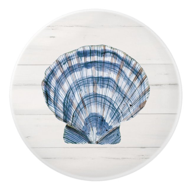 Beach Seashell Modern Navy Blue White Barn Wood Ceramic Knob (Front)